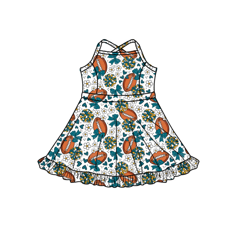 Preorder (moq 5)Baby Girls Strap Green Bow Footballs Team Shorts Ruffle Knee Length Dress