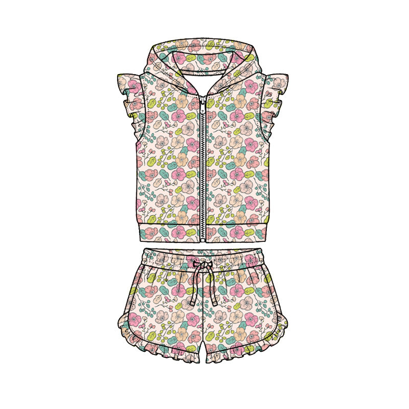 Preorder (moq 5)Baby Girls Colorful Floral Hoodie Zip Jacket Ruffle Short Clothes Sets