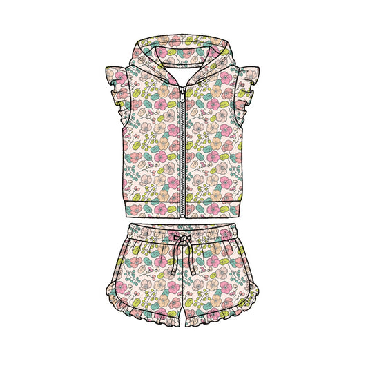 Preorder (moq 5)Baby Girls Colorful Floral Hoodie Zip Jacket Ruffle Short Clothes Sets