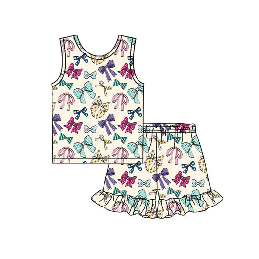 Preorder (moq 5)Baby Girls Colorful Bows Top Ruffle Shorts Clothes Sets