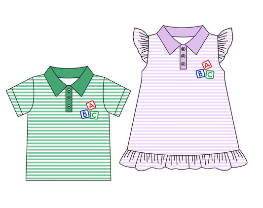 Preorder moq 5 Custom Baby Kids Short Sleeves Stripe Button ABC Shirts Top Dresses