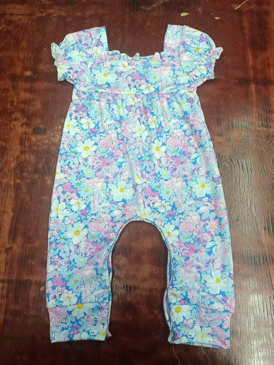 Preorder moq 5 Baby Girls Short Ruffle Sleeves Blue Pink Floral Pant Rompers
