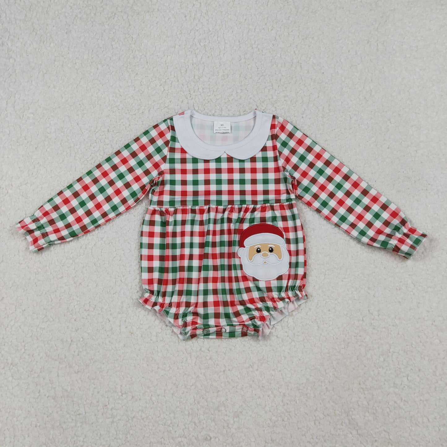 Embroidery Santa Baby Girls Red Green Checked Ruffle Collar Rompers