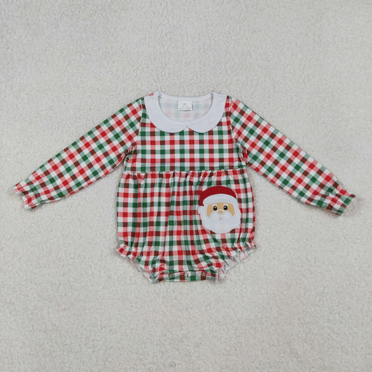 Embroidery Santa Baby Girls Red Green Checked Ruffle Collar Rompers