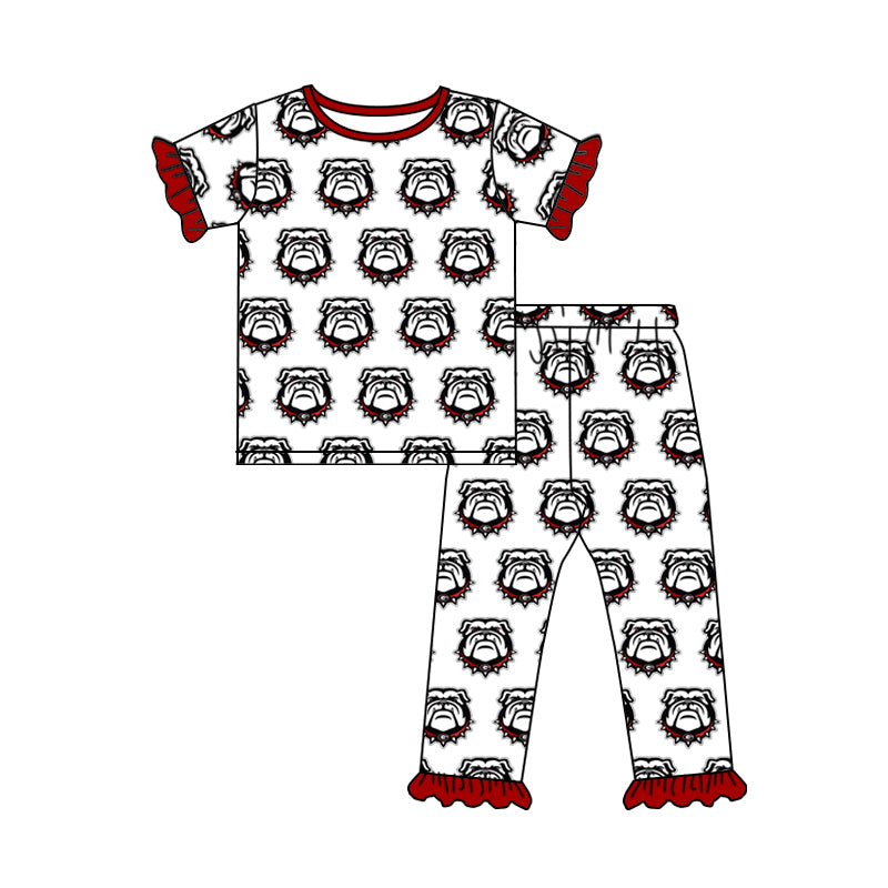 Baby Girls Bull dog Team Ruffle Short Sleeve Shirt Red Pants Pajamas Clothing Sets Preorder(moq 5)