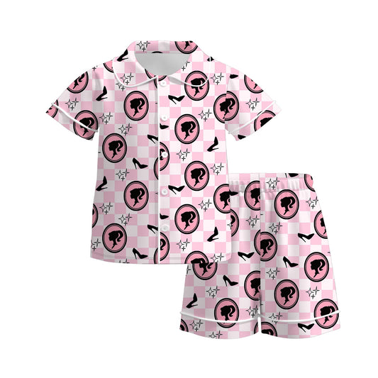 Baby Girls Doll Pink Checkered Buttons Shirt Shorts Pajamas Clothing Sets Preorder(moq 5)