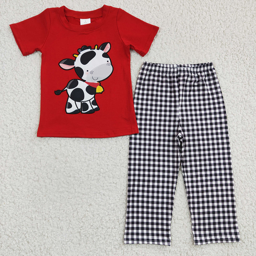 Baby Girls Boys Cow Plaid Embroidery Sibling Clothes Sets