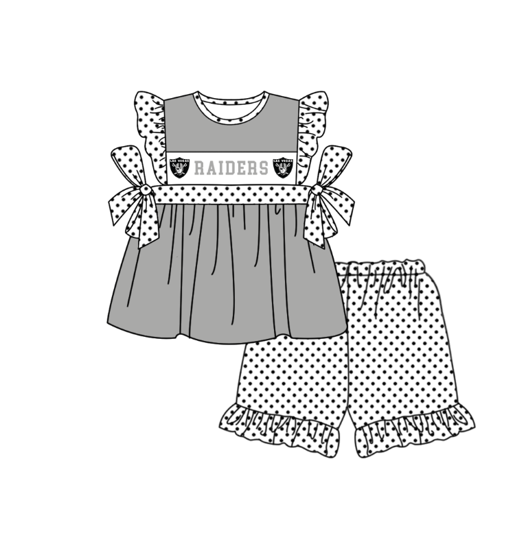 Preorder (moq 5)Baby Girls Grey Raiders Tunic Polka Dots Ruffle Shorts Team Clothes Sets