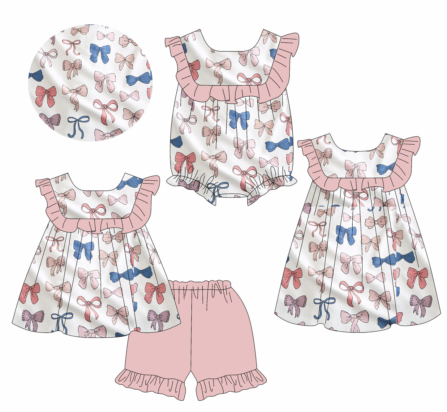 Preorder (moq 5)Baby Girls Sleeveless Colorful Bows Tunic Ruffle Shorts Set Knee Length Dress Rompers