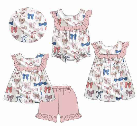 Preorder (moq 5)Baby Girls Sleeveless Colorful Bows Tunic Ruffle Shorts Set Knee Length Dress Rompers