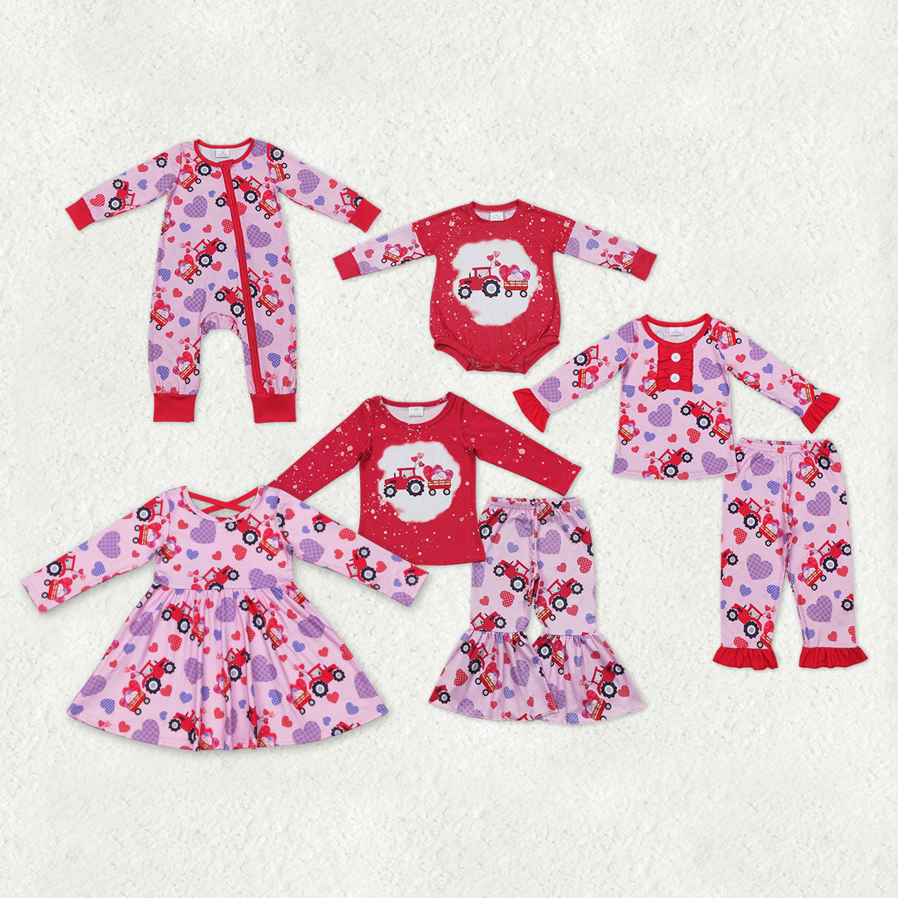 Sibling Baby Kids Hearts Trucks Top Bell Bottom Pants Valentine Pajamas Clothes Sets Dress Rompers