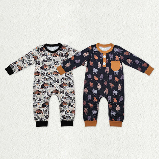 Sibling Baby Boys Long Sleeve Horse Rodeos Cows Western Rompers