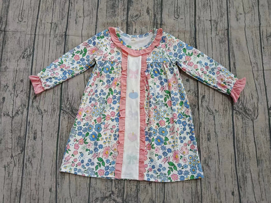 Preorder (moq 5)Baby Girls Pink Blue Flowers Bows Pumpkins Fall Knee Length Dresses