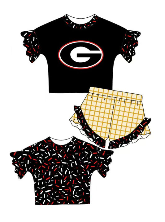 Preorder (moq 5)Baby Girls Black Sprinkles G Top Checked Ruffle Shorts Team Clothes Set