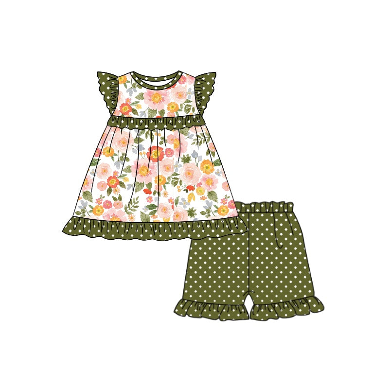 Baby Girls Orange Flowers Tunic Ruffle Dots Shorts Clothes Sets preorder(moq 5)