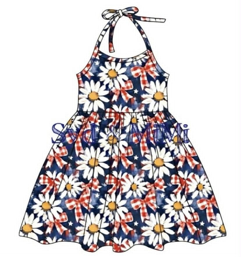 Preorder moq 5 Baby Girls Strap Red Blue Flowers Bows 4th of July Knee Length Dresses