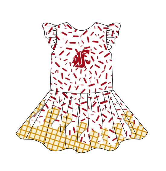 Preorder (moq 5)Baby Girls Team Ice Cream Drips Red Knee Length Dresses