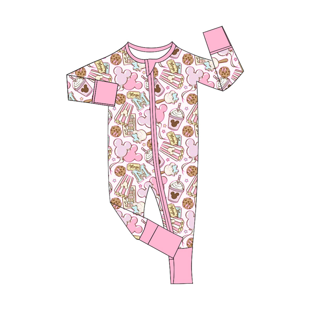 Preorder (moq 5)Baby Girls Pink Long Sleeves Cartoon Mouse Cookie Zipper Rompers