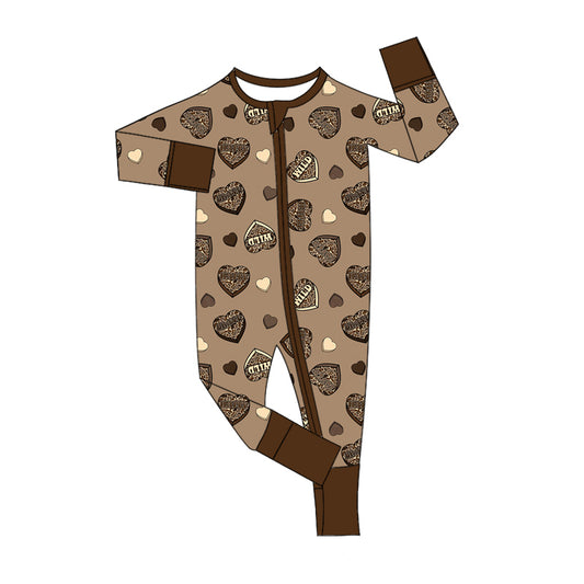 Baby Infant Boys Valentines Hearts Brown Zip Rompers preorder(moq 5)