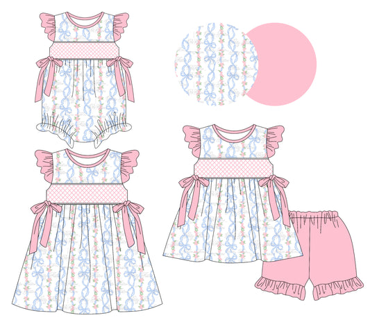Preorder moq 5 Custom Baby Girls Bows Floral Stripe Tunic Ruffle Short Set Knee Length Dress And Rompers