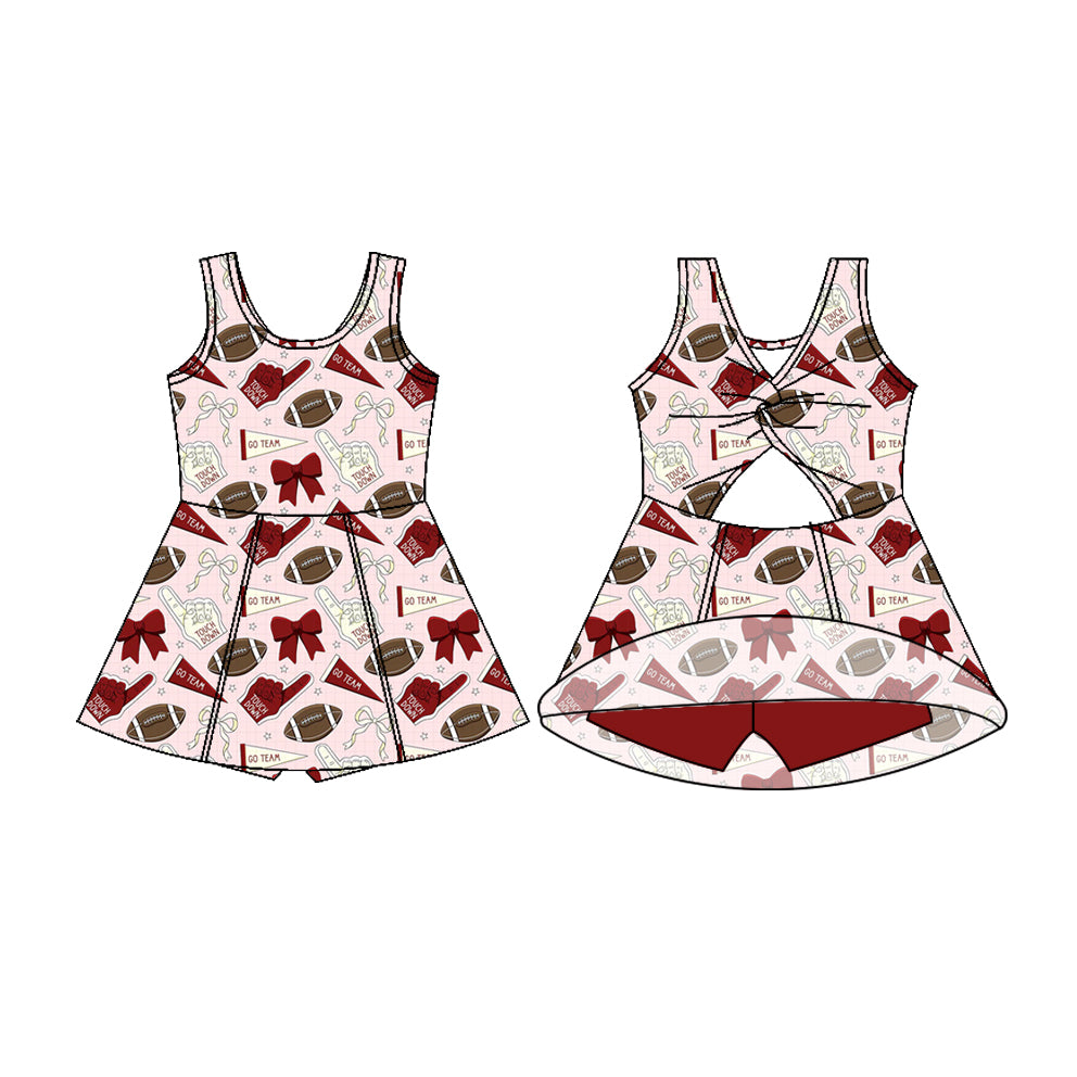 Preorder (moq 5)Baby Girls Sleeveless Red White Bows Footballs Shorts Team Knee Length Dress