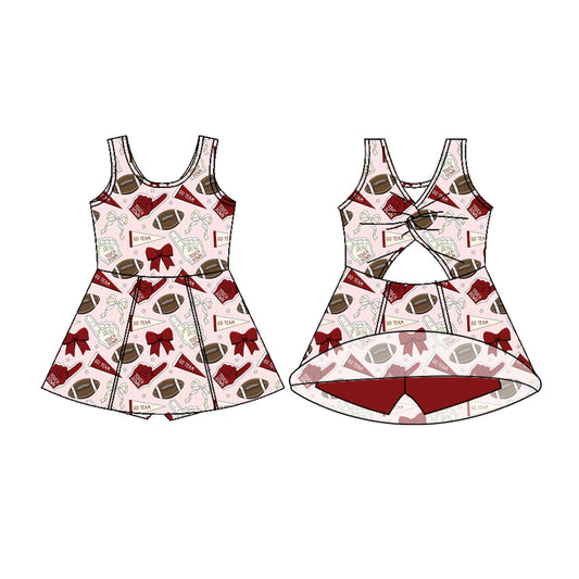Preorder (moq 5)Baby Girls Sleeveless Red White Bows Footballs Shorts Team Knee Length Dress