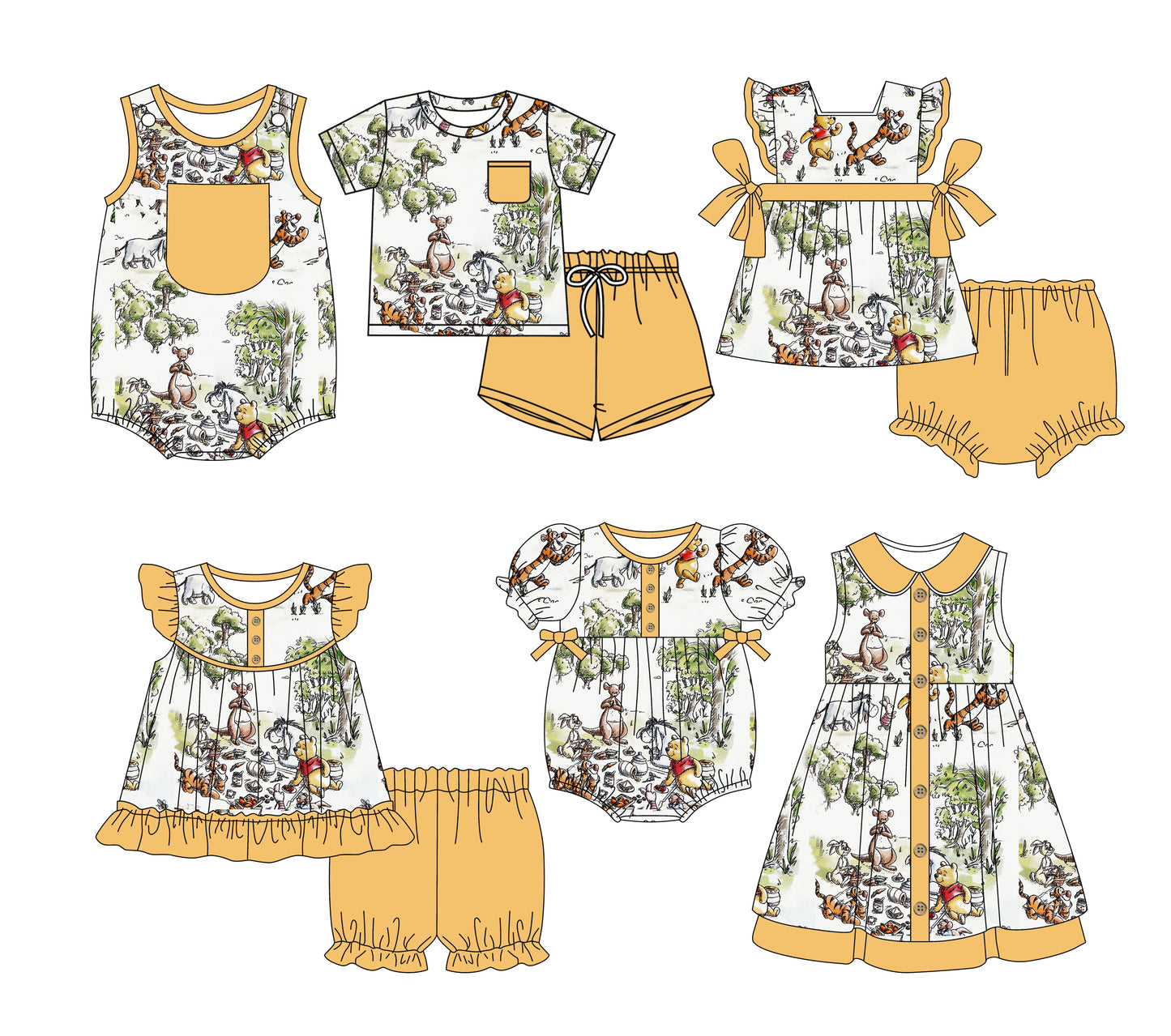 Preorder moq 5 Custom Baby Kids Yellow Pocket Button Bear Tigers Top Short Bummies Sets Dresses And Rompers