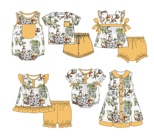 Preorder moq 5 Custom Baby Kids Yellow Pocket Button Bear Tigers Top Short Bummies Sets Dresses And Rompers