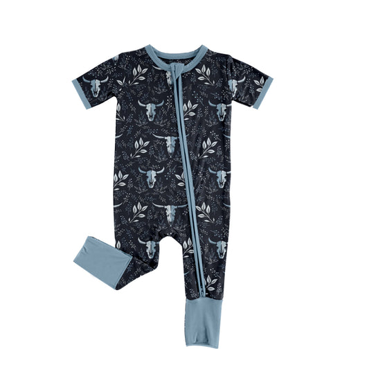 Baby Infant Toddler Navy Leaves Cow Western Short Sleeve Rompers preorder(moq 5)