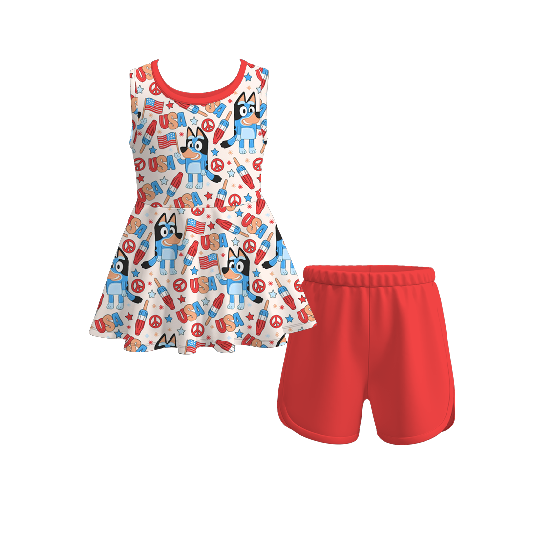 Baby Girls Dogs 4th Of July Popstick Sleeveless Tunic Top Shorts Clothes Sets preorder (moq 5)