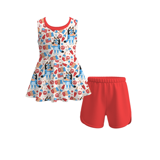 Baby Girls Dogs 4th Of July Popstick Sleeveless Tunic Top Shorts Clothes Sets preorder (moq 5)
