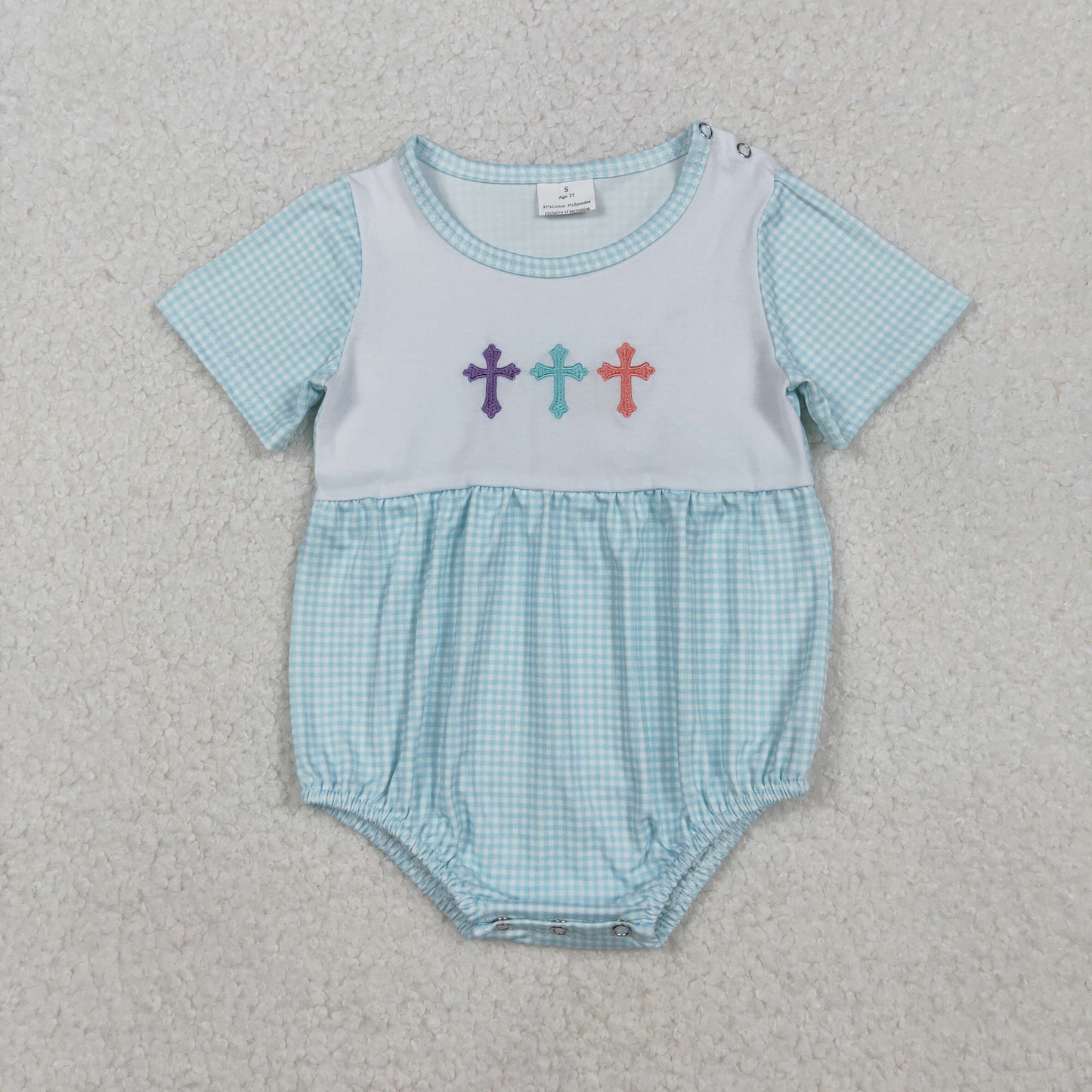 Embroidery Crosses Baby Boys Blue Checked Short Sleeve Easter Rompers