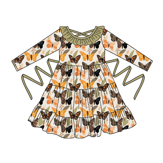 Preorder moq 5 Baby Girls Long Sleeves Colorful Butterfly With Belt Ruffle Knee Length Dresses