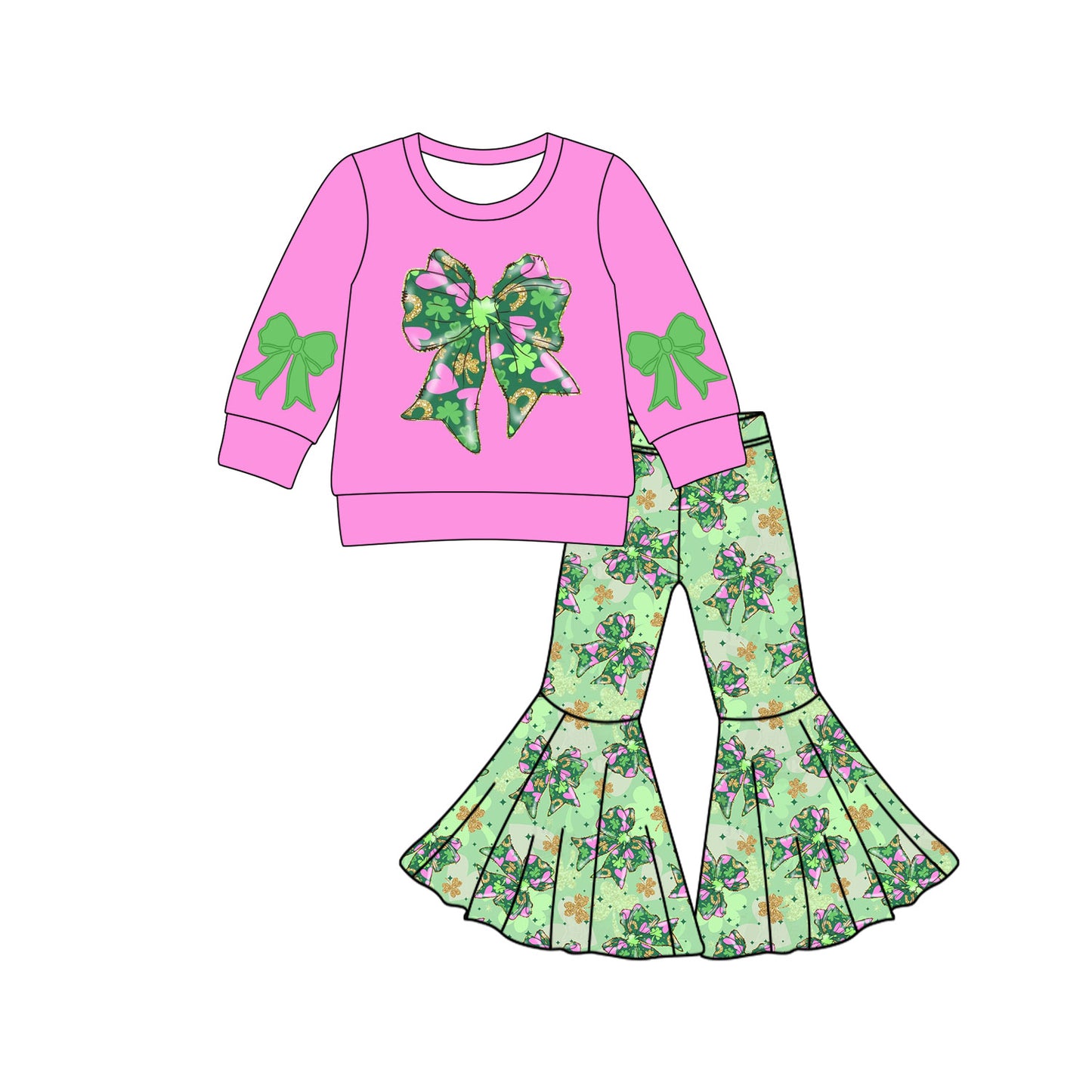 Preorder (moq 5)Baby Girls Clovers Bows Shirts Top Bell Bottom Pants St Patrick Clothes Sets