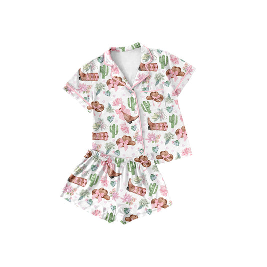 Preorder (moq 5)Baby Girls Western Boots Cactus Buttons Top Shorts Pajamas Sets