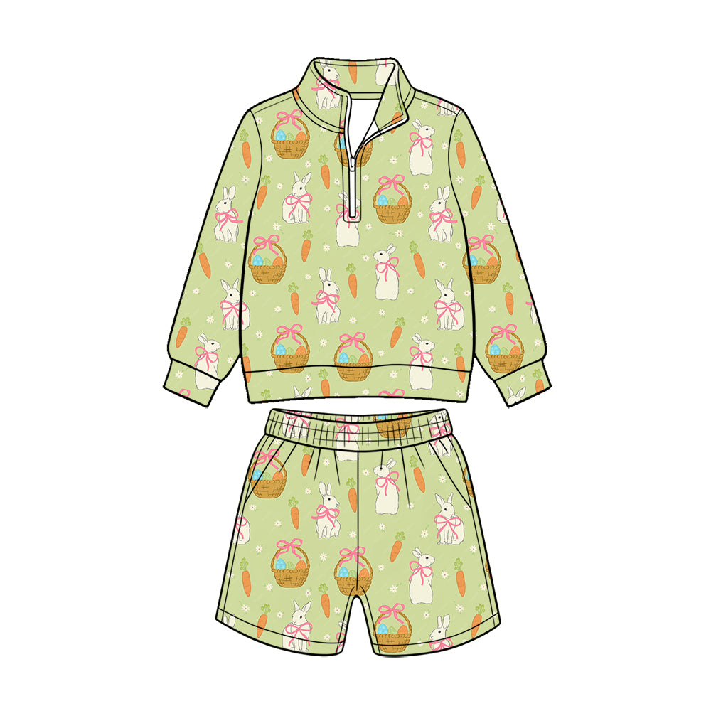 Preorder (moq 5) Baby Boy Clothes Easter Bunny Basket Carrot Print Long Sleeve Quarter Zip Top Short Set