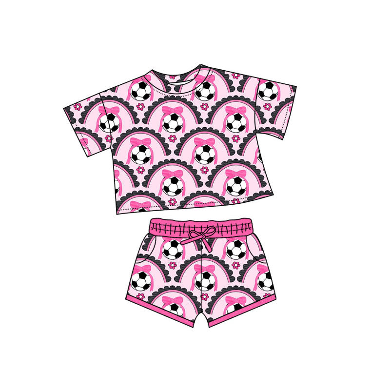 Preorder(moq 5) Baby Girls Bows Footballs Checked Top Pockets Shorts Team Clothes Sets