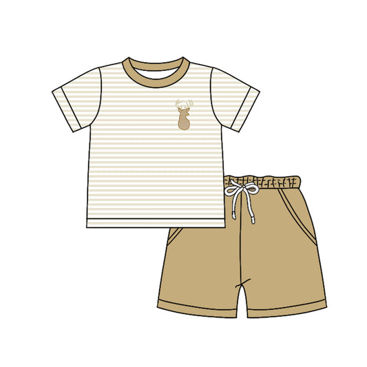 Preorder (moq 5)Baby Boys Short Sleeves Stripe Deer Top Pockets Khaki Short Set