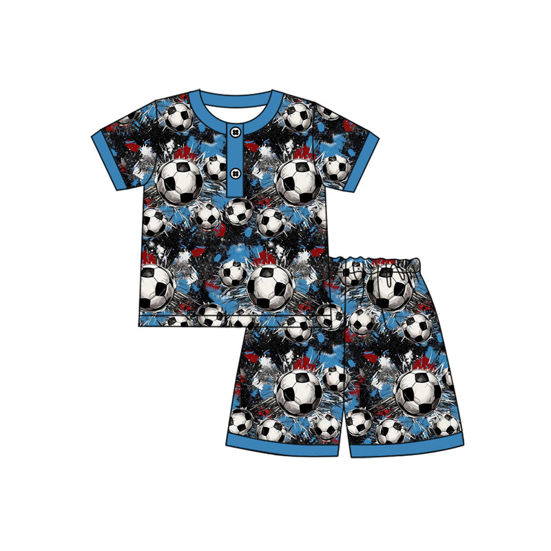 Preorder moq 5 Baby Boys Blue Short Sleeves Footballs Button Top Short Pajamas Set