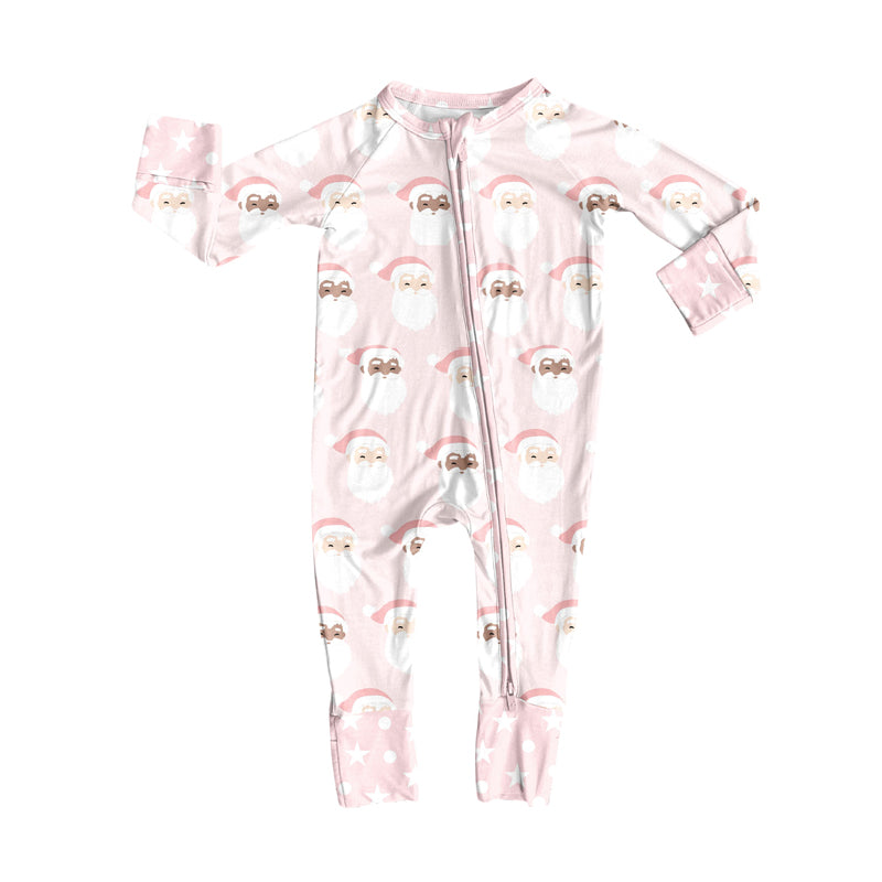 Preorder (moq 20)Baby Girls Bamboo Pink Santa Christmas Zippy Footie Rompers