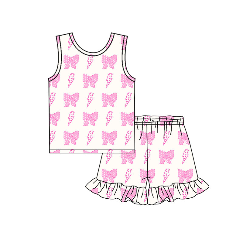 Preorder (moq 5)Baby Girls Pink Bows Lightnings Top Ruffle Shorts Clothes Sets