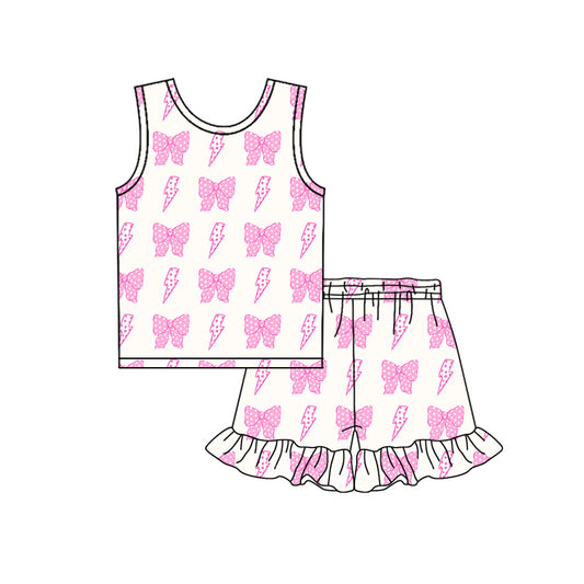 Preorder (moq 5)Baby Girls Pink Bows Lightnings Top Ruffle Shorts Clothes Sets