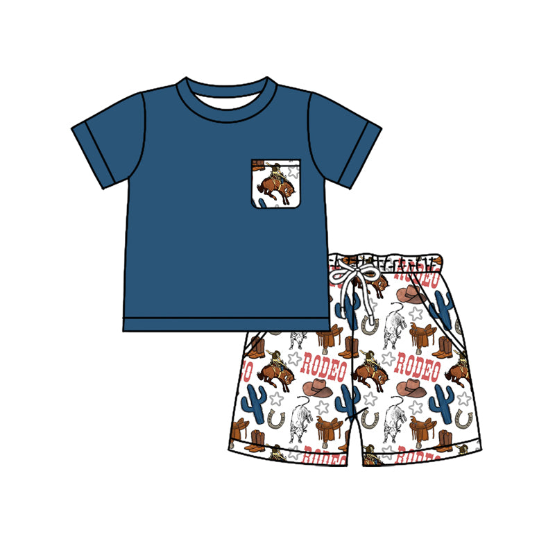 Preorder moq 5 Baby Boys Hot Blue Short Sleeves Pocket Top Horse Rodeos Cactus Short Set