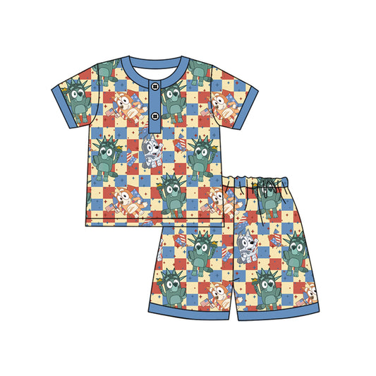 Preorder moq 5 Baby Boys Short Sleeves Cartoon Dogs Flags Button Top Short 4th Of July Pajamas Set