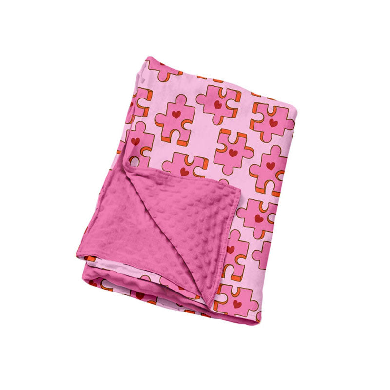 Preorder (moq 5) Baby Girl Pink Puzzle Heart Print Double Layer Minky Dot Baby Blanket