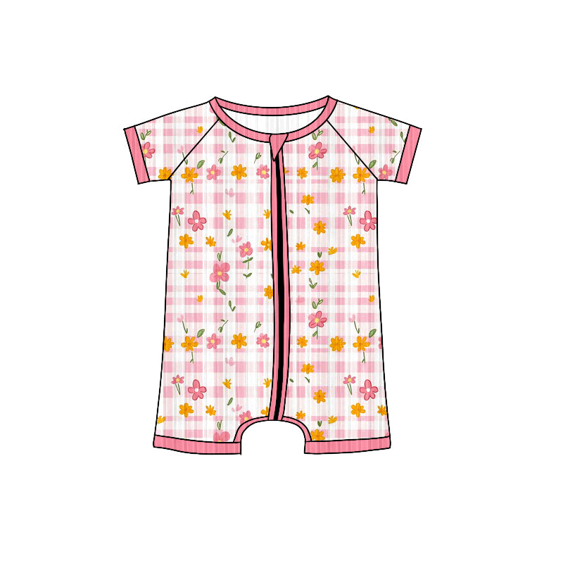 Preorder (moq 5)Baby Girls Short Sleeves Pink Plaid Flowers Zipper Shorts Rompers
