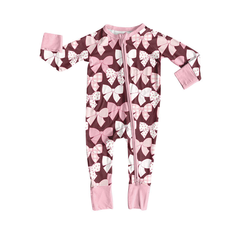 Preorder (moq 20)Baby Girls Bamboo Hot Pink Checked Bows Valentine Zipper Footie Rompers