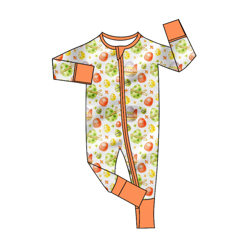 Preorder (moq 20)Baby Girls Bamboo Colorful Eggs Easter Two Way Zip Convertible Rompers