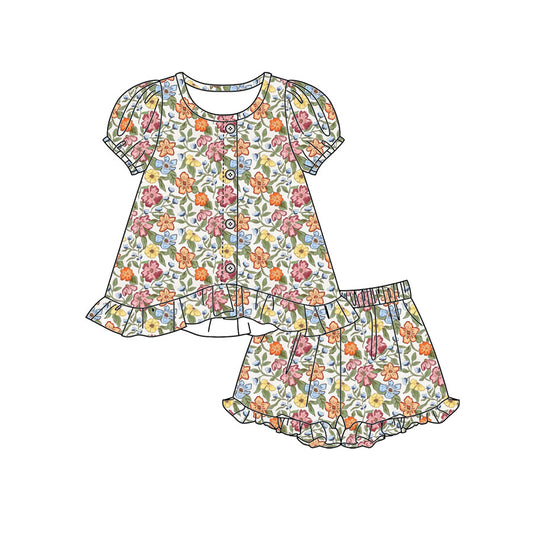 Preorder moq 5 Baby Girls Colorful Floral Button Tunic Ruffle Shorts Clothes Set