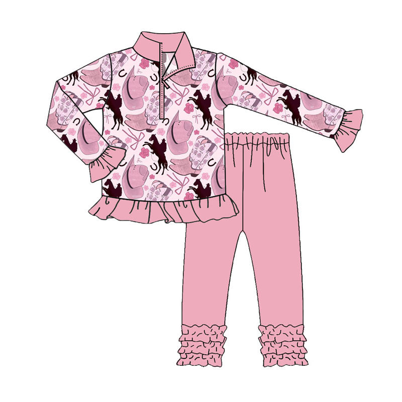 Preorder (moq 5)Baby Girls Hats Horse Rodeos Zipper Pullover Ruffle Leggings Western Clothes Sets